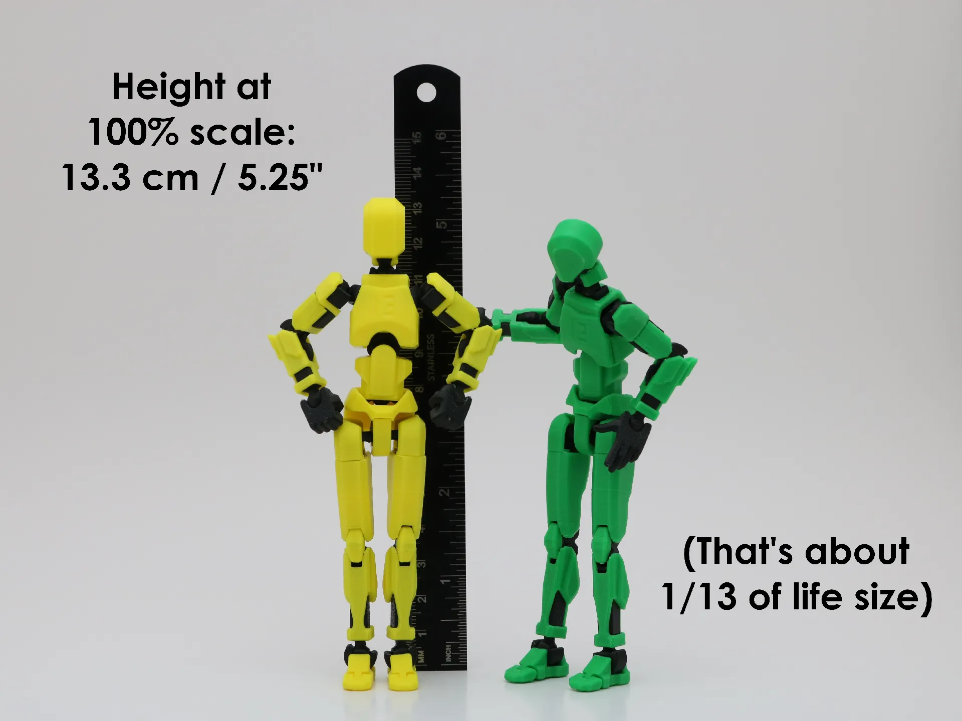 Gul Dummy 13 framför linjal med text om höjd vid 100 % skala.